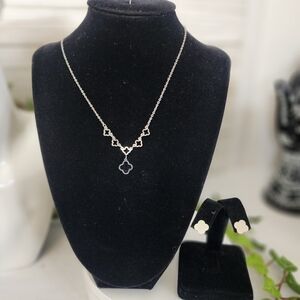 Silver Stainless Steel and Black Quatrefoil Flower Clover Necklace Earring Set
